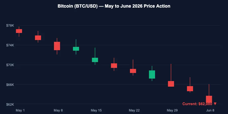 Bitcoin BTC Price Chart May to June 2026 — Downtrend to $62,000